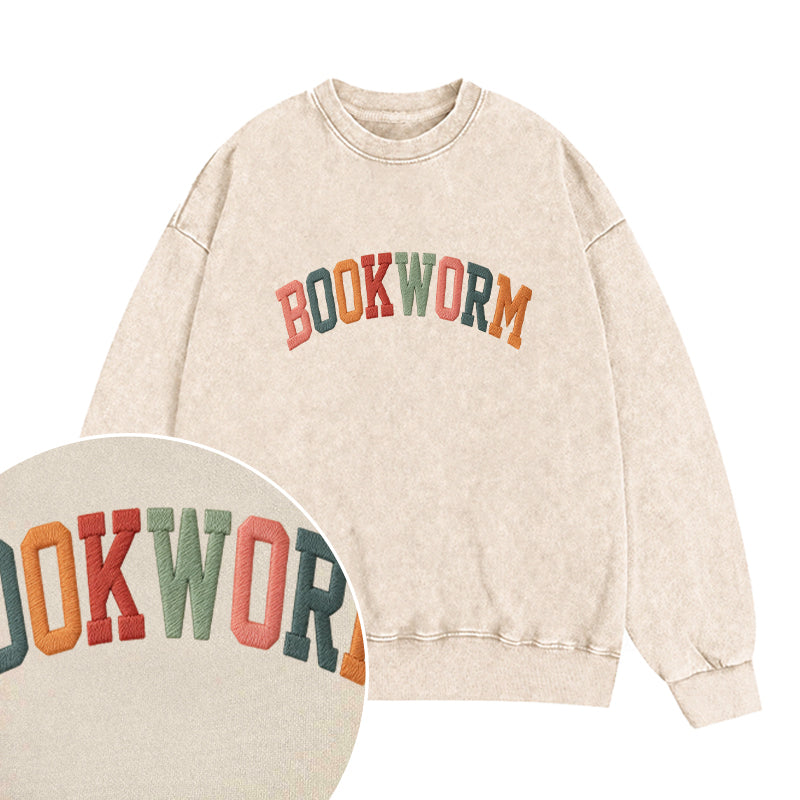 Embroidered Colorful Bookworm Washed Crewneck Sweatshirt