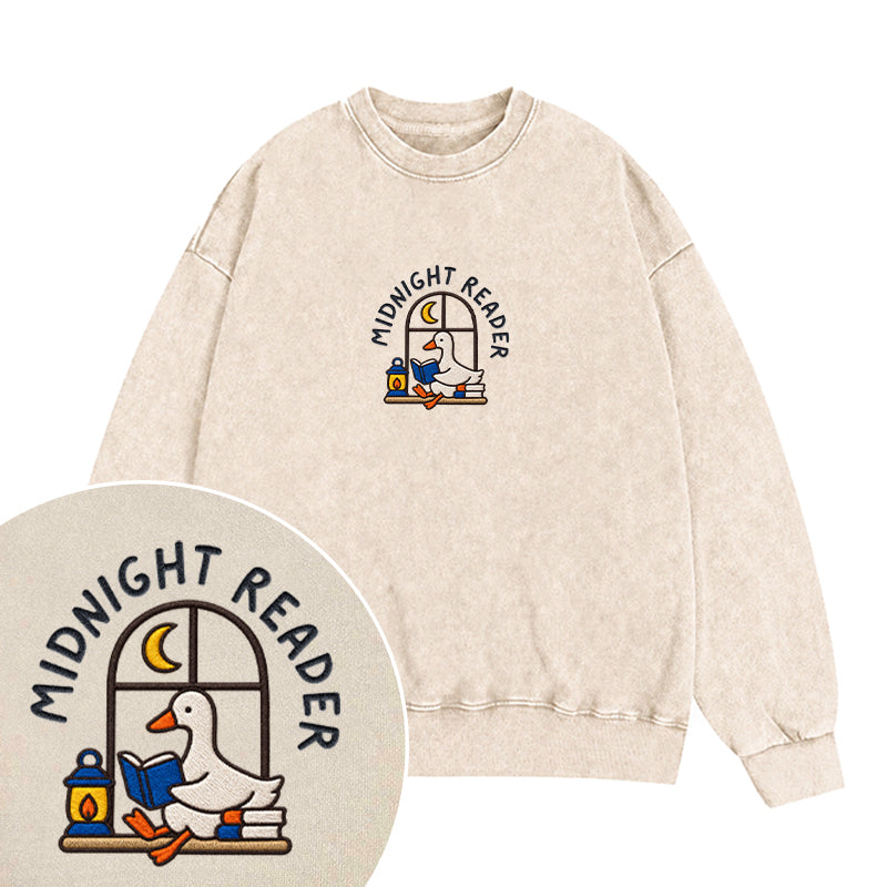 Embroidered Midnight Reader Goose Washed Crewneck Sweatshirt