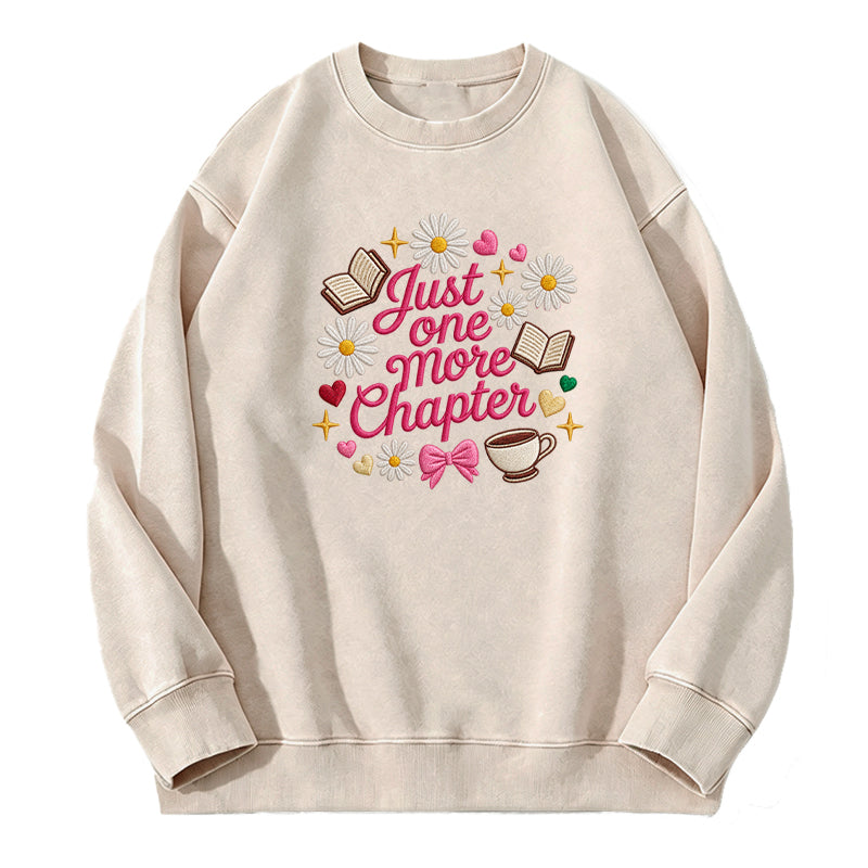 Embroidered Just One More Chapter Flower Washed Crewneck Sweatshirt