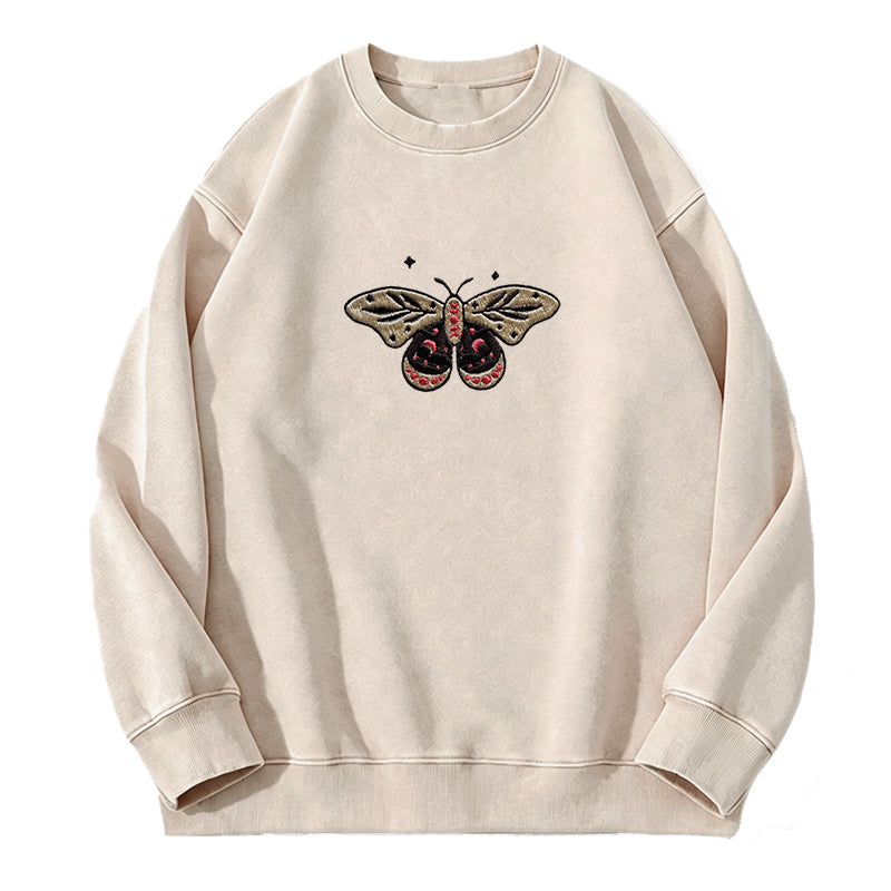 Embroidered Moth Butterfly Washed Crewneck Sweatshirt