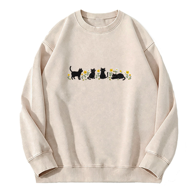 Embroidered Floral Black Cat Washed Crewneck Sweatshirt
