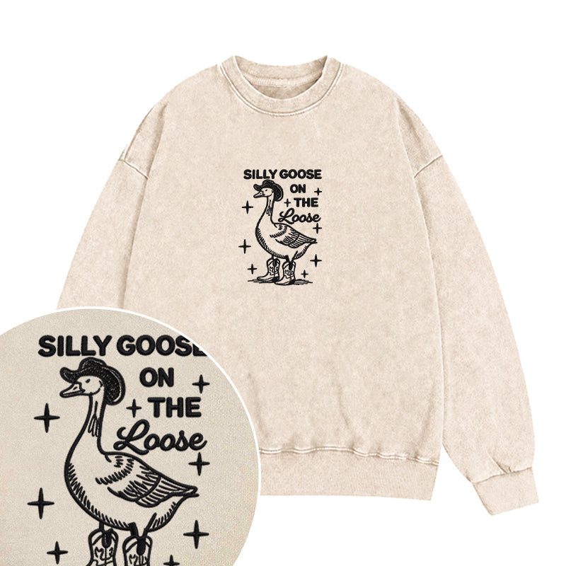 Embroidered Cowboy Silly Goose On The Loose Washed Crewneck Sweatshirt
