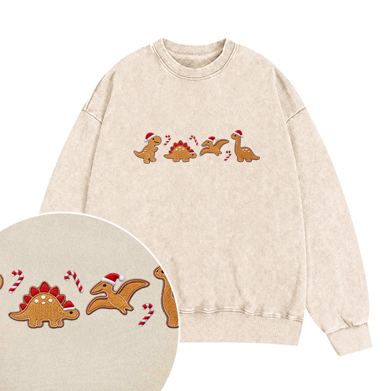 Embroidered Gingerbread Dinosaur Washed Crewneck Sweatshirt