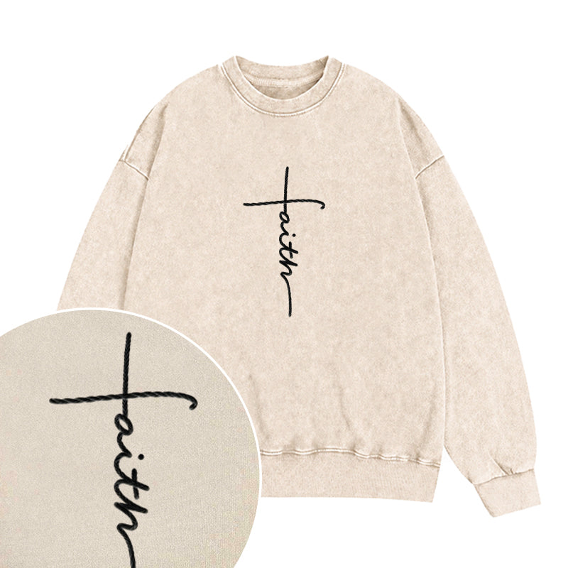 Embroidered Faith Christian Washed Crewneck Sweatshirt