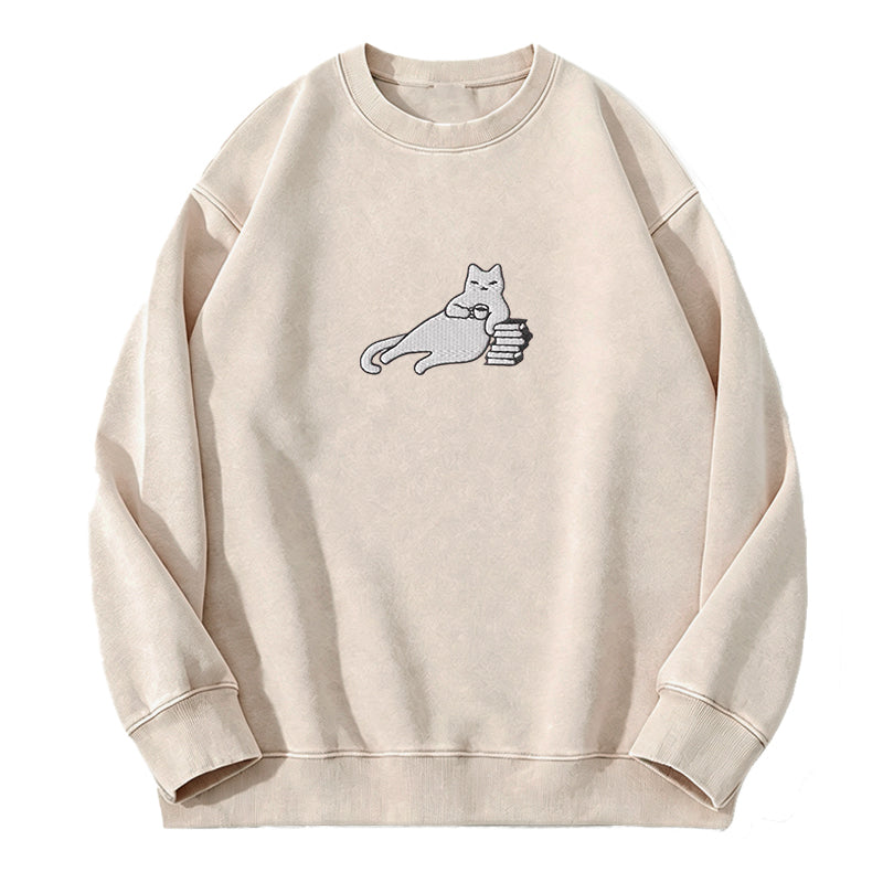 Embroidered Bookish Cat Drinking Coffee Washed Crewneck Sweatshirt