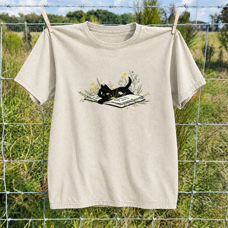Embroidered Floral Book Cat Washed Crew Neck T-Shirt