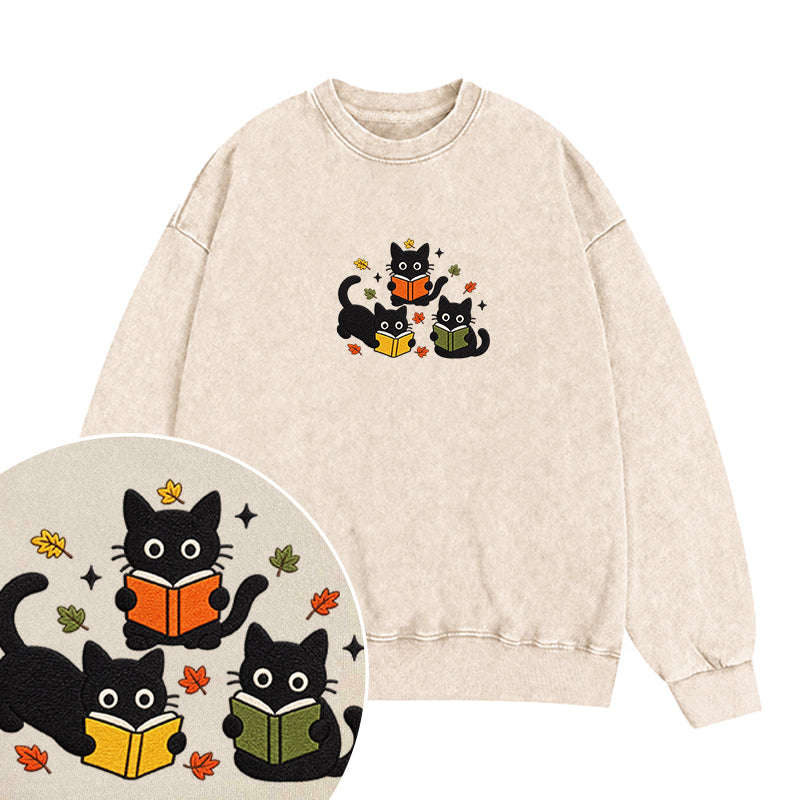Embroidered Fall Black Cat Reading Books Washed Crewneck Sweatshirt