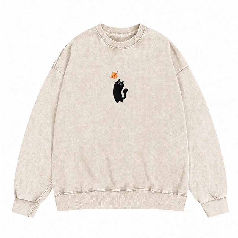 Embroidered Black Cats Fall Washed Crewneck Sweatshirt