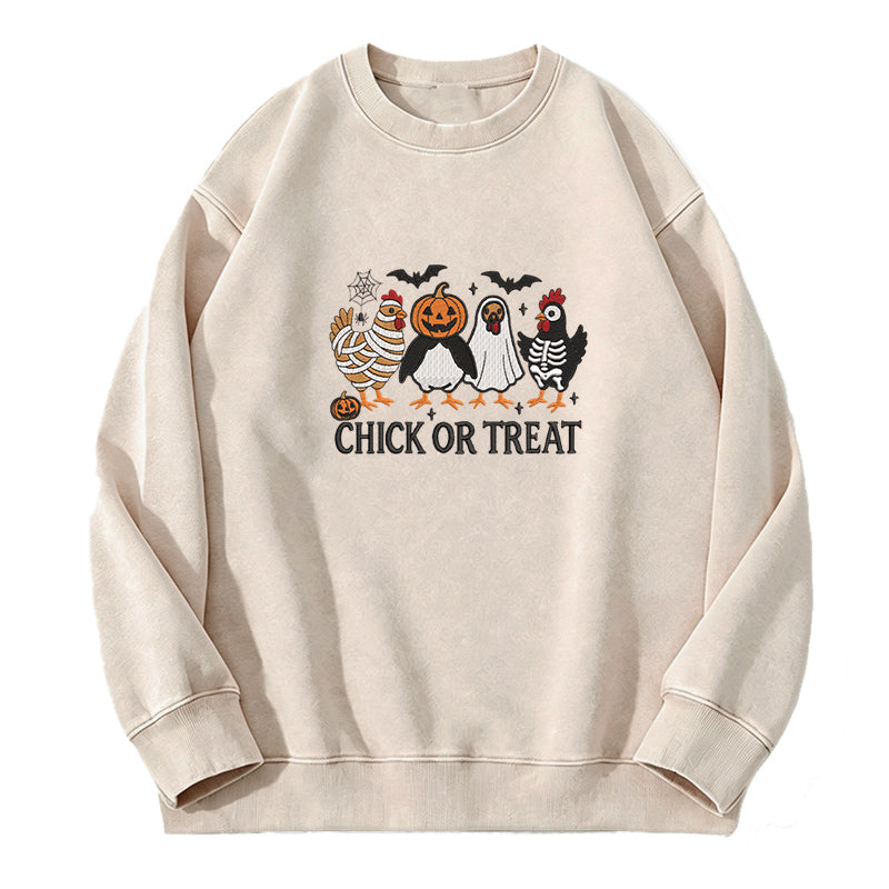Embroidered Chick Or Treat Washed Crewneck Sweatshirt