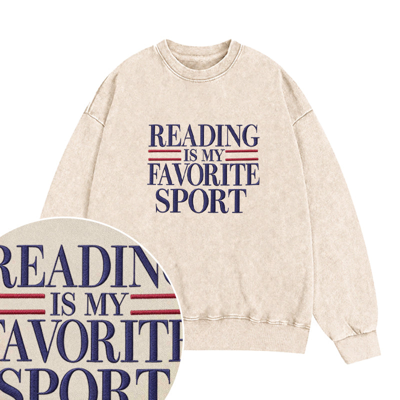 Embroidered Reading Is My Favorite Sport Washed Crewneck Sweatshirt