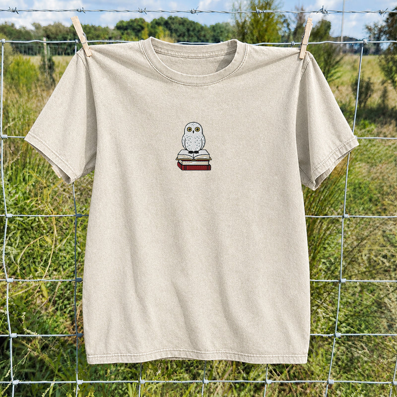 Embroidered Snow Owl On Bookstack Washed Crew Neck T-Shirt
