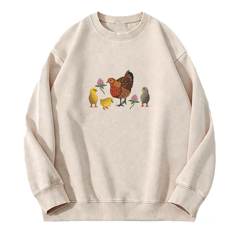 Embroidered Hen & Chicks Washed Crewneck Sweatshirt