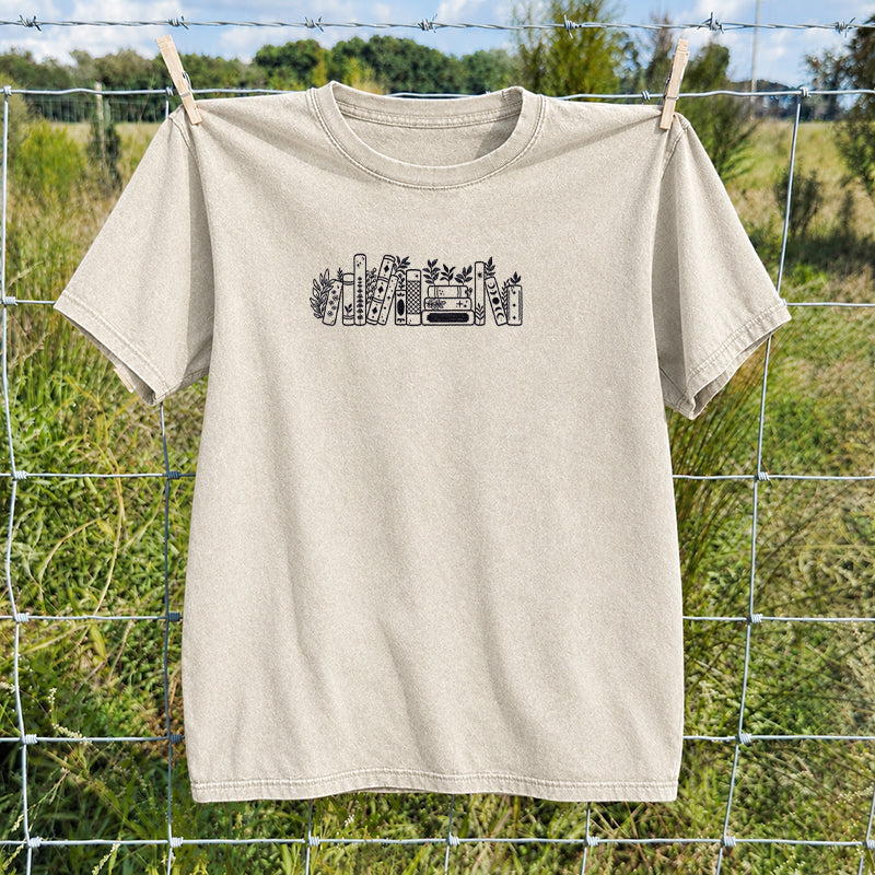 Embroidered Flower Book Washed Crew Neck T-Shirt