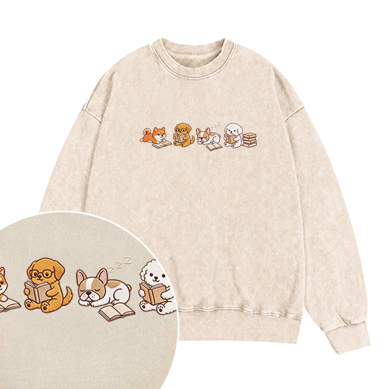 Embroidered Reading Dogs Washed Crewneck Sweatshirt