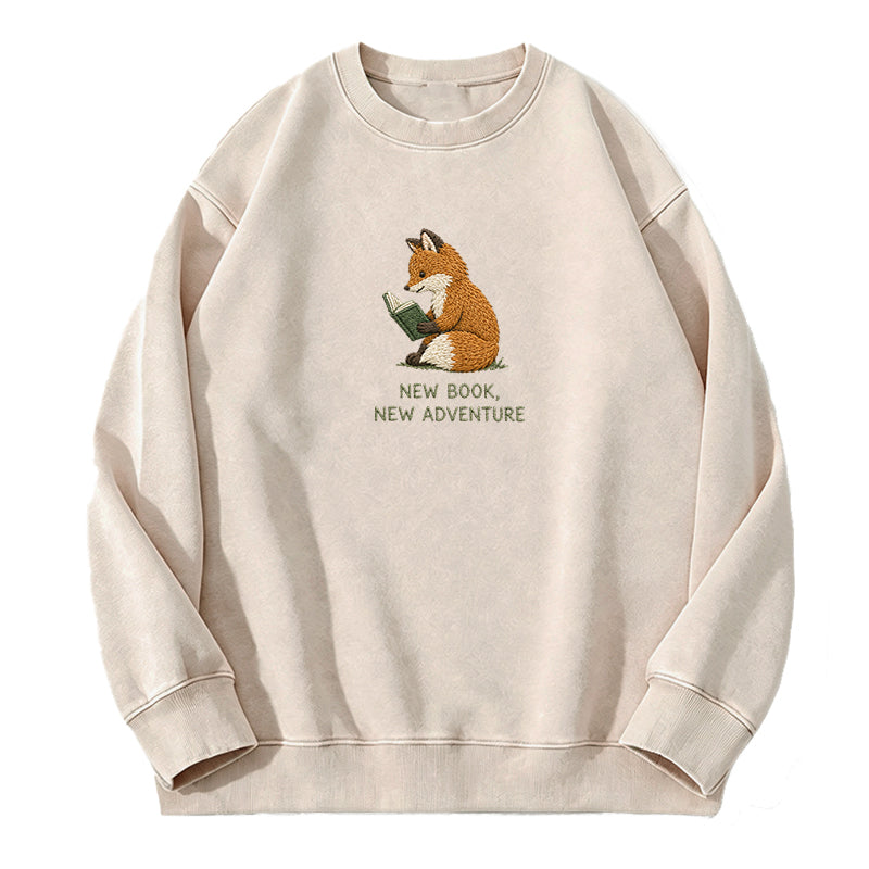 Embroidered New Book New Adventure Washed Crewneck Sweatshirt