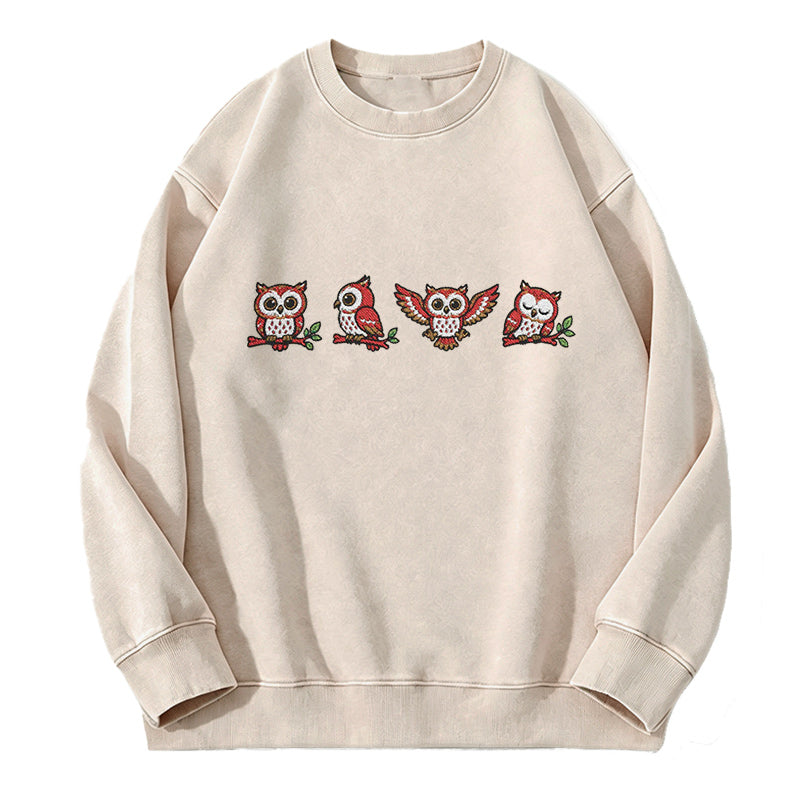 Embroidered Woodland Owls Washed Crewneck Sweatshirt