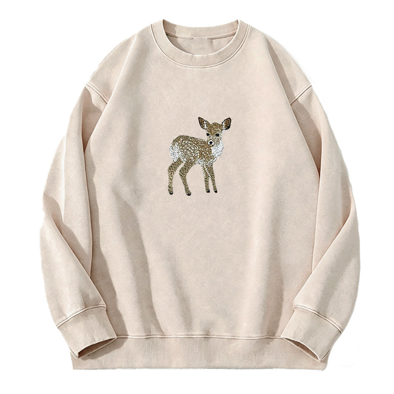 Embroidered Forest Deer Washed Crewneck Sweatshirt