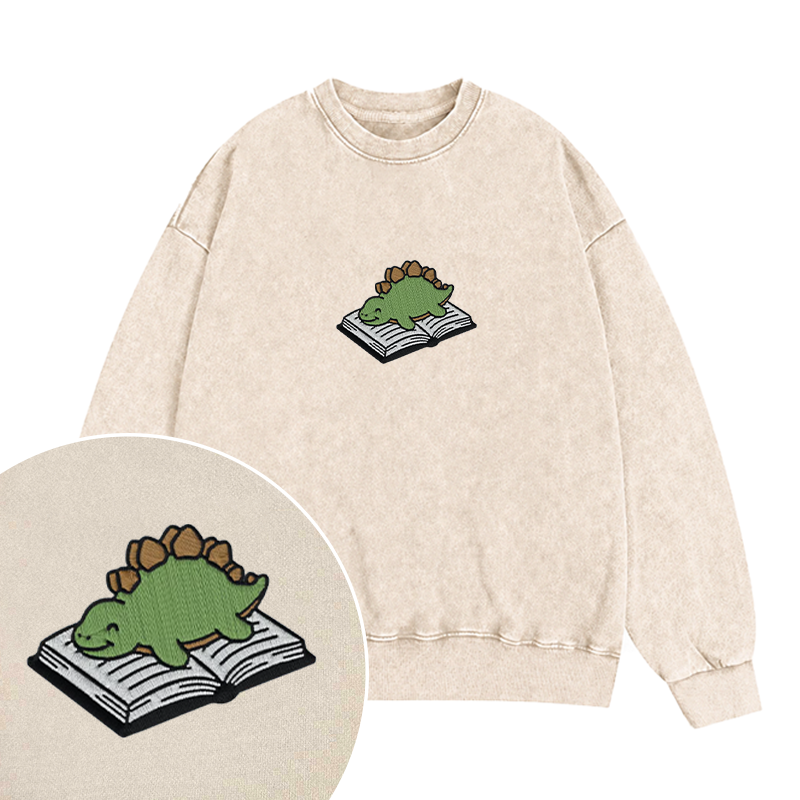Embroidered Dinosaur Reading Books Washed Crewneck Sweatshirt
