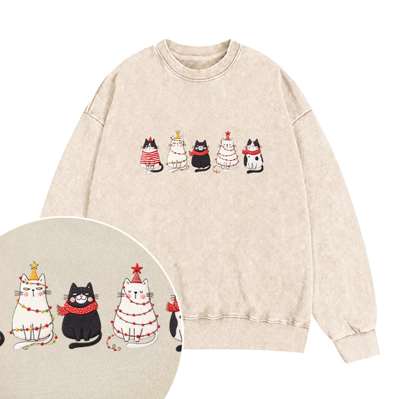 Embroidered Cute Cat Christmas Washed Crewneck Sweatshirt