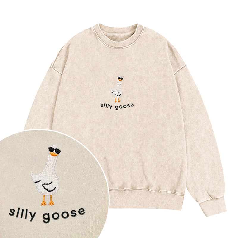 Embroidered Funny Silly Goose Washed Crewneck Sweatshirt