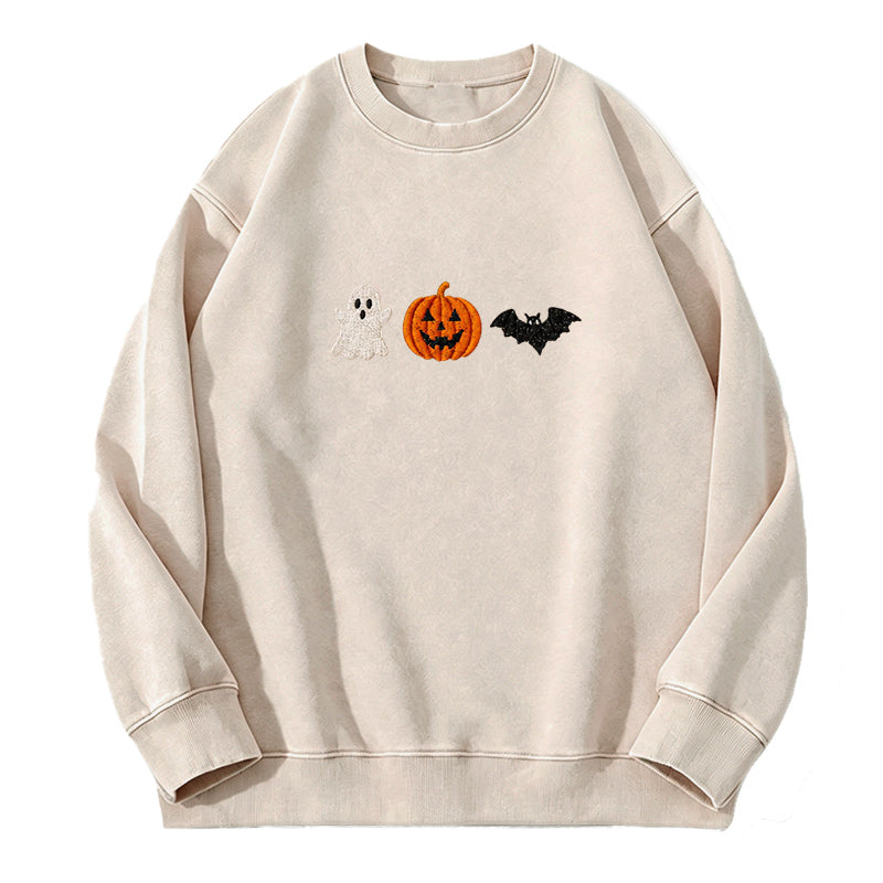 Embroidered Holloween Ghost Pumpkin Bat Washed Crewneck Sweatshirt