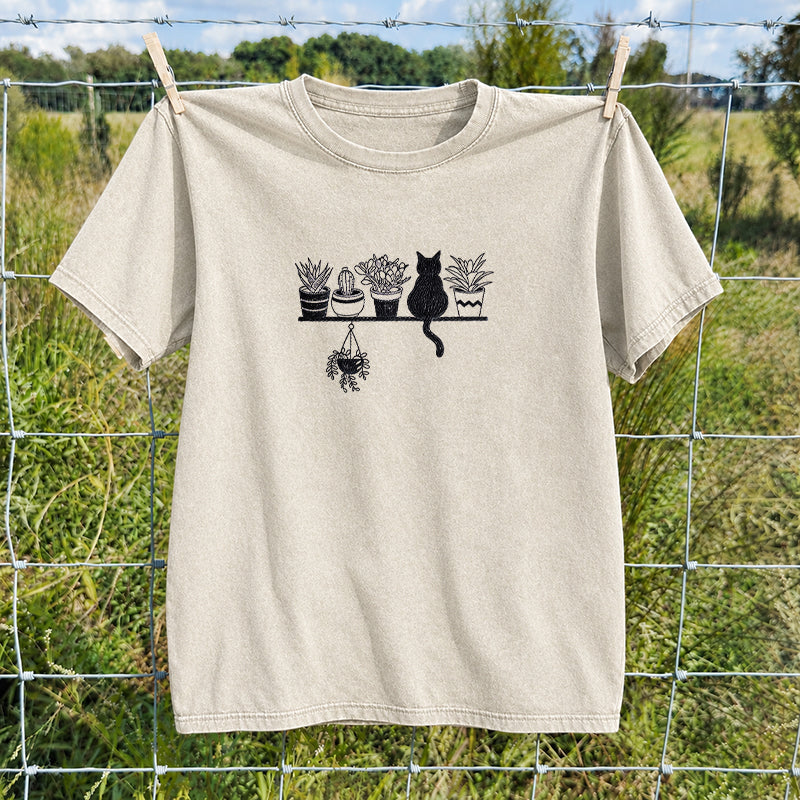 Embroidered Cats And Plants Washed Crew Neck T-Shirt