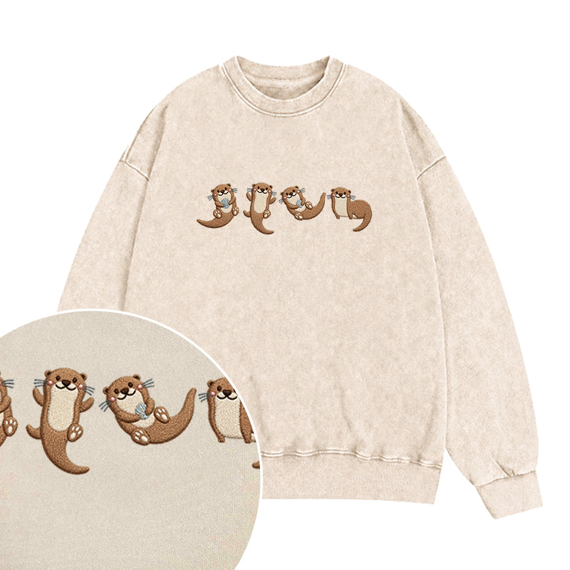 Embroidered Cute Otters Washed Crewneck Sweatshirt