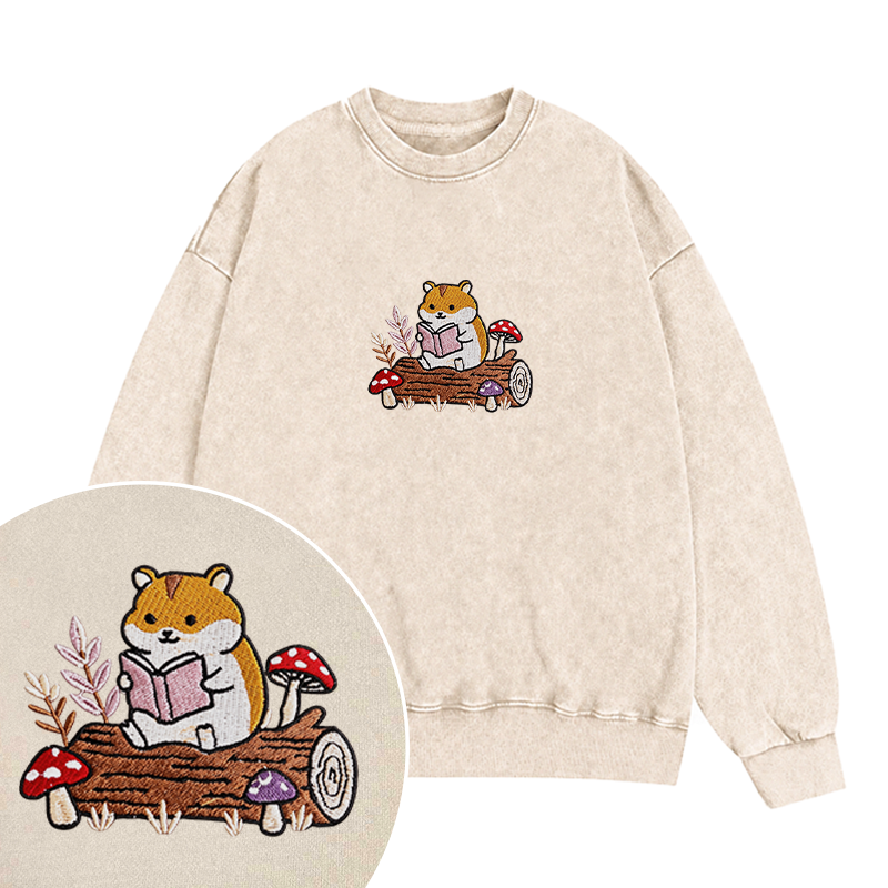 Embroidered Hamster Reading Books Washed Crewneck Sweatshirt