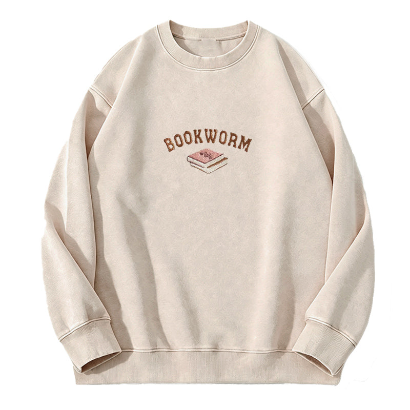 Embroidered Bookworm Washed Crewneck Sweatshirt