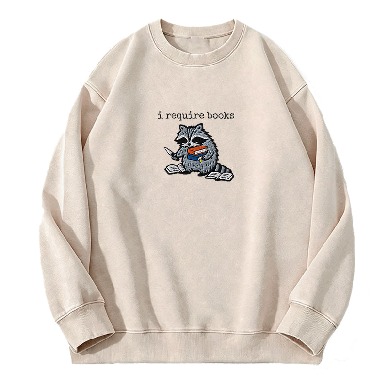 Embroidered I Require Books Raccoon Washed Crewneck Sweatshirt