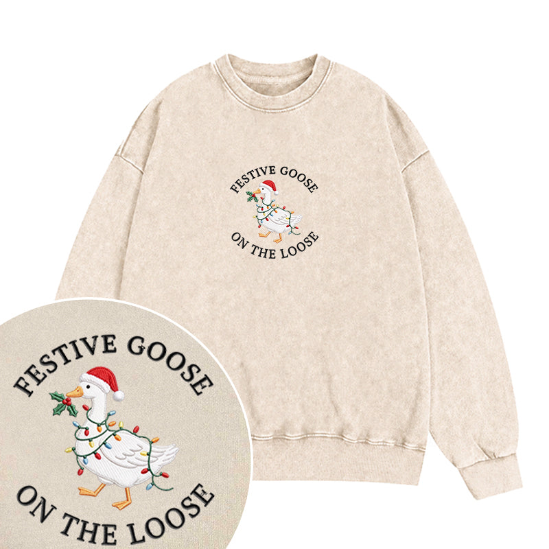 Embroidered Festive Goose On The Loose Washed Crewneck Sweatshirt