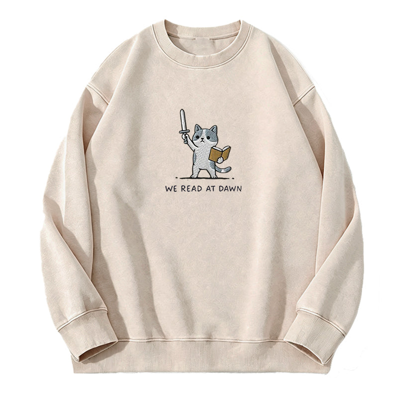 Embroidered We Read At Dawn Cat Washed Crewneck Sweatshirt