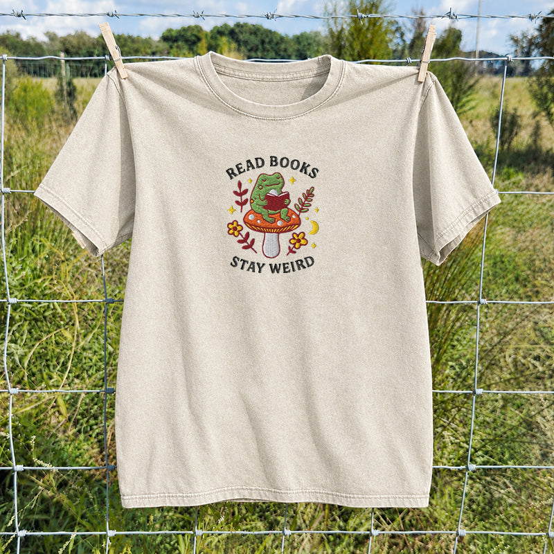 Embroidered Read Books Stay Weird Reading Frog Washed Crew Neck T-Shirt
