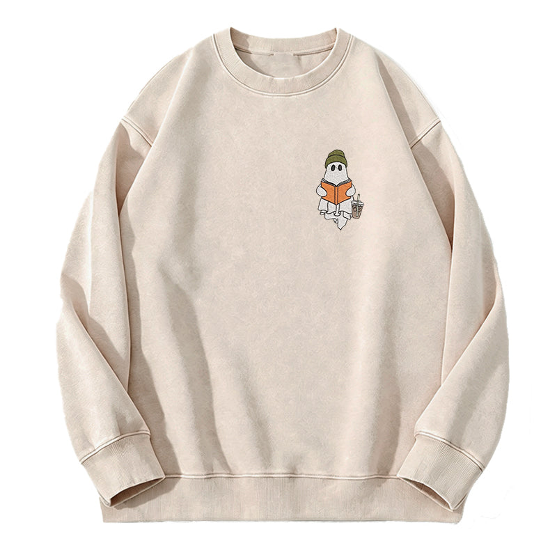 Embroidered Cute Ghost Reading Washed Crewneck Sweatshirt
