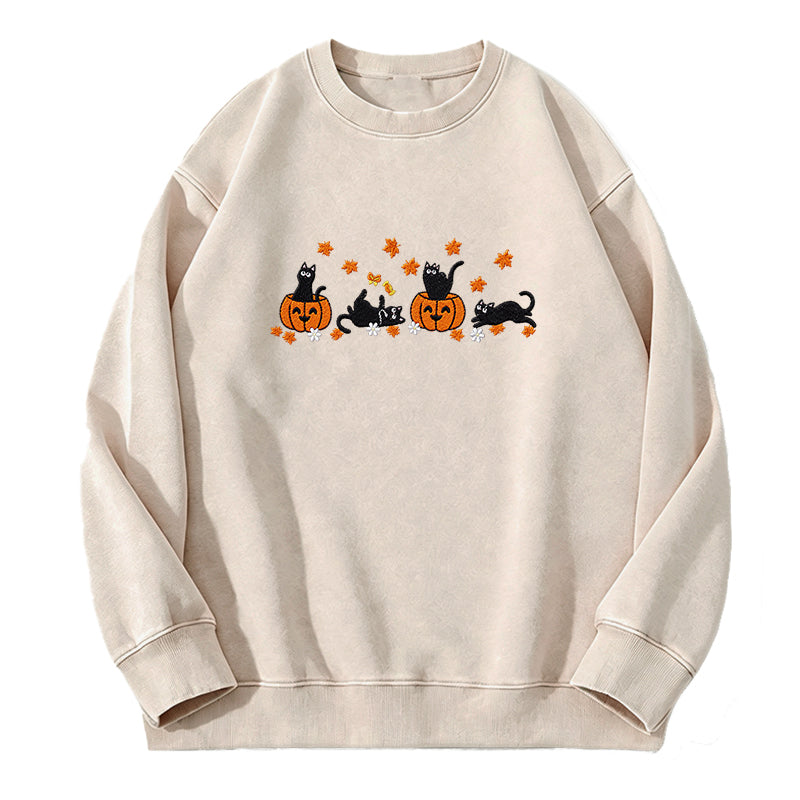 Embroidered Halloween Black Cat Washed Crewneck Sweatshirt