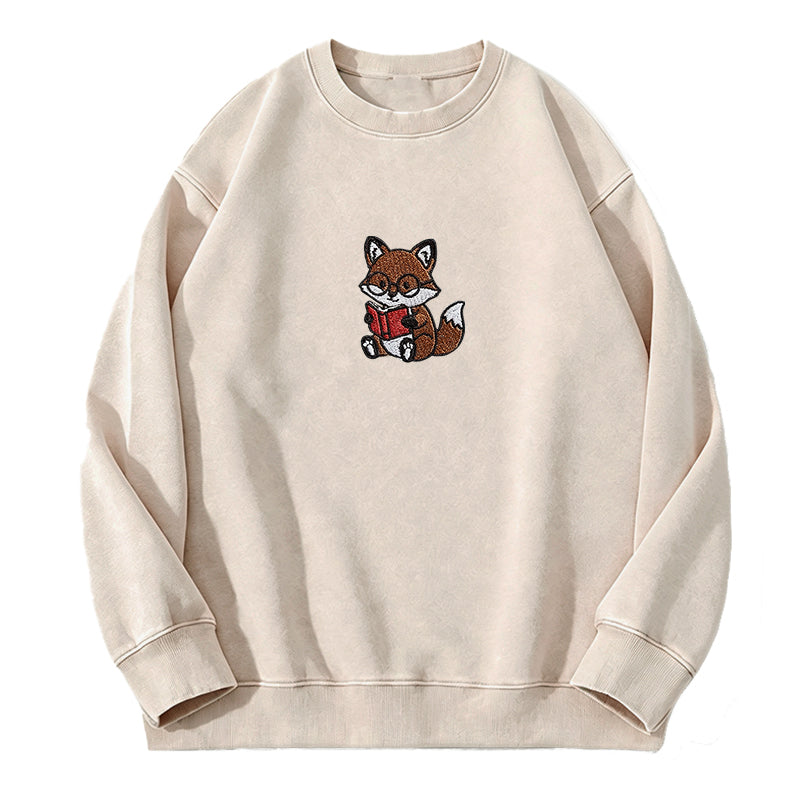 Embroidered Reading Fox Washed Crewneck Sweatshirt