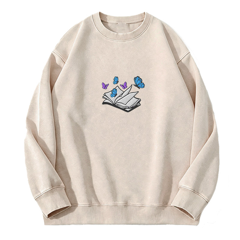 Embroidered Open Book With Butterflies Washed Crewneck Sweatshirt