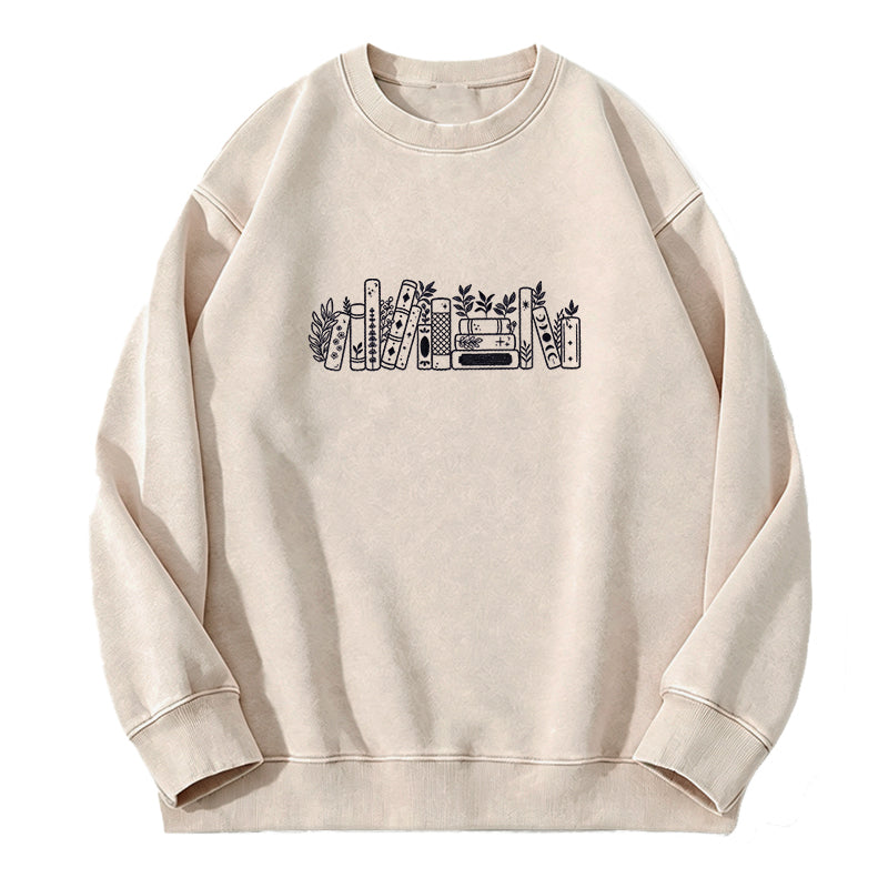 Embroidered Flower Book Washed Crewneck Sweatshirt
