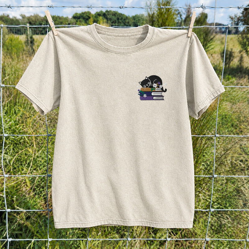 Embroidered Black Cat Floral Book Washed Crew Neck T-Shirt
