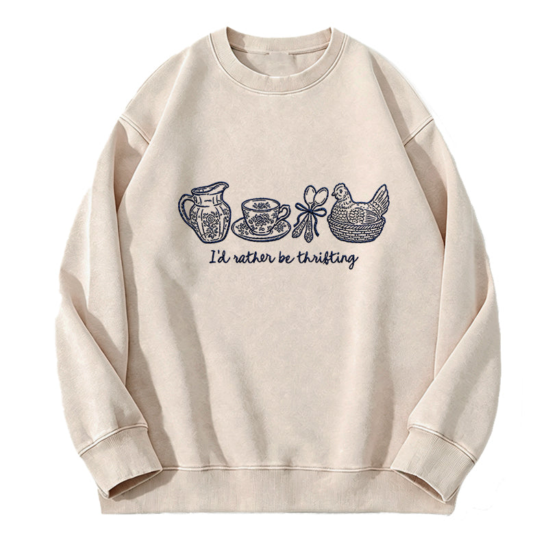 Embroidered I'd Rather Be Thrifting Washed Crewneck Sweatshirt