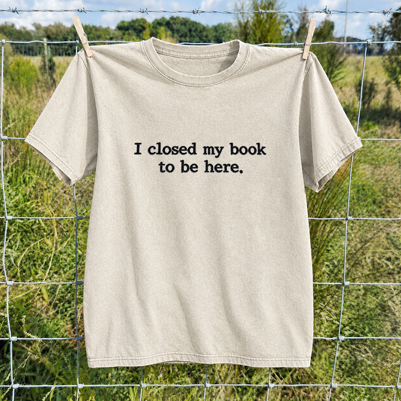 Embroidered Close Book Be Here Washed Crew Neck T-Shirt