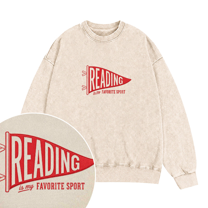Embroidered Reading Is My Favorite Sport Washed Crewneck Sweatshirt