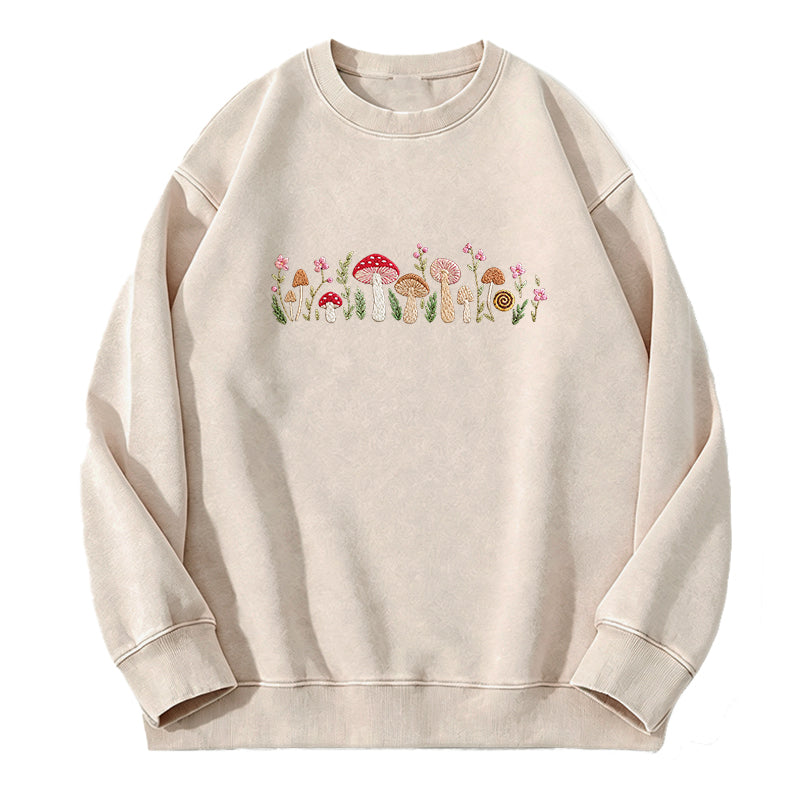 Embroidered Enchanted Mushroom Washed Crewneck Sweatshirt