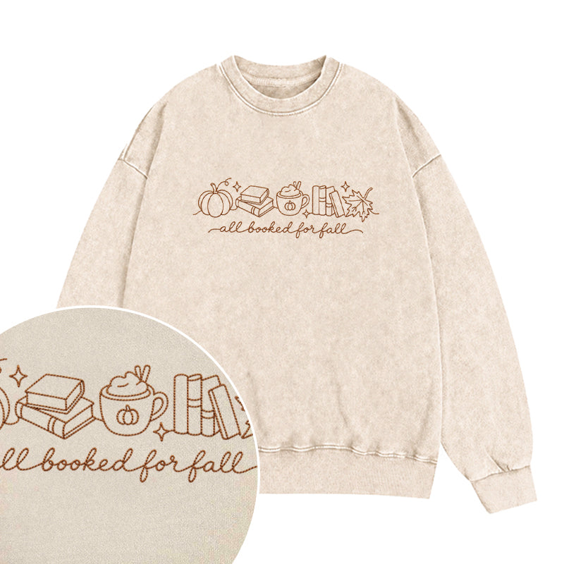 Embroidered All Booked For Fall Reading Washed Crewneck Sweatshirt