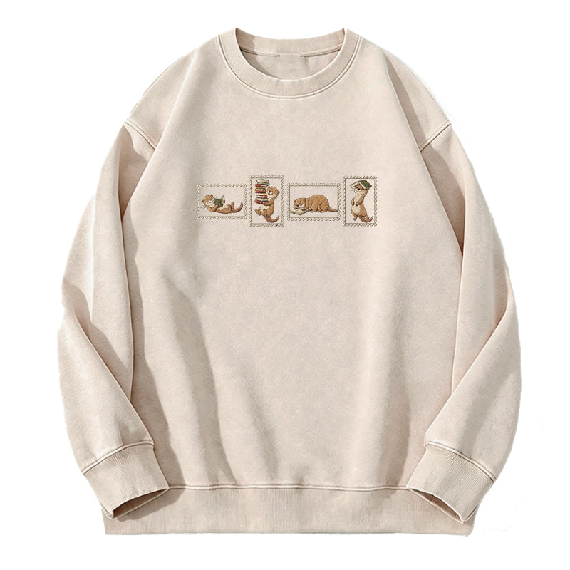 Embroidered Otter Reading Washed Crewneck Sweatshirt