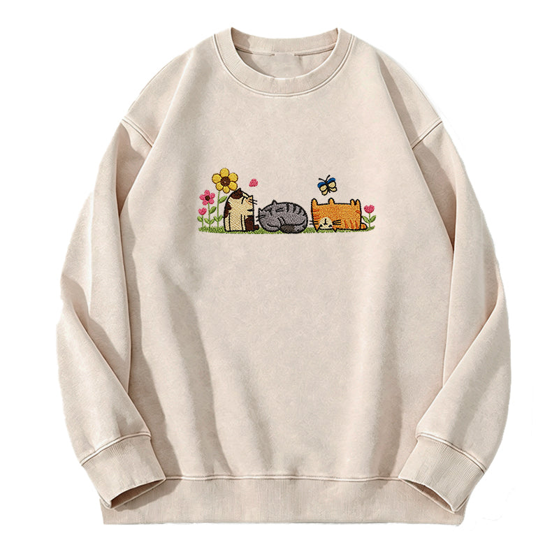 Embroidered Floral Cute Cat Washed Crewneck Sweatshirt