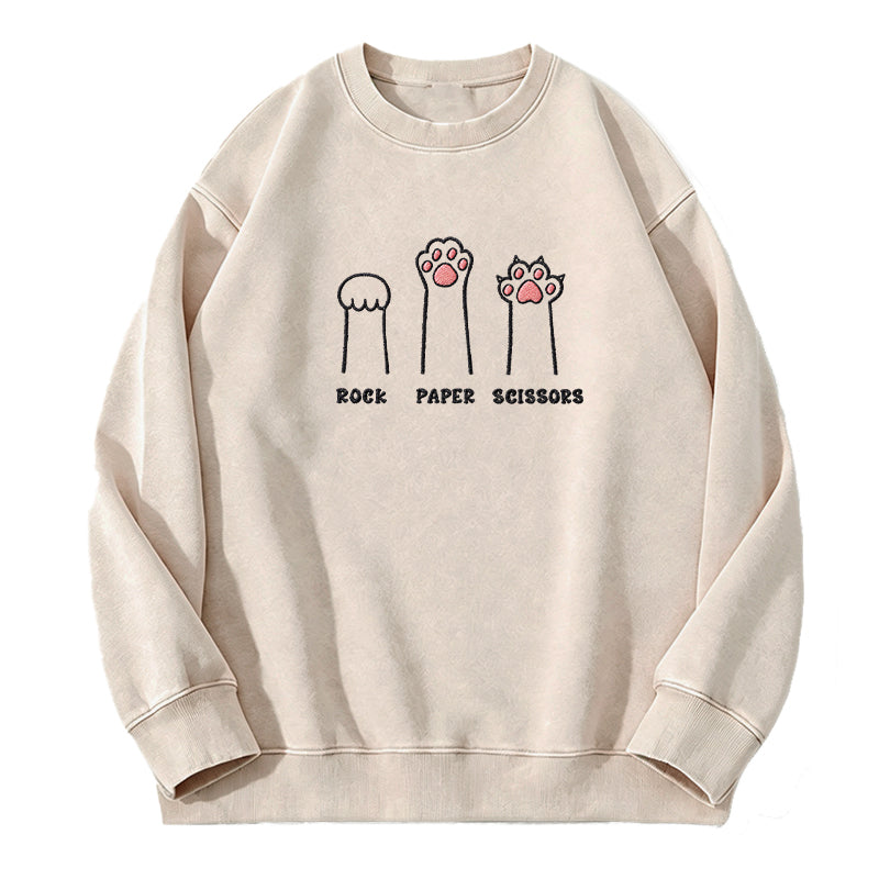 Embroidered Rock Paper Scissors Cat Paw Washed Crewneck Sweatshirt