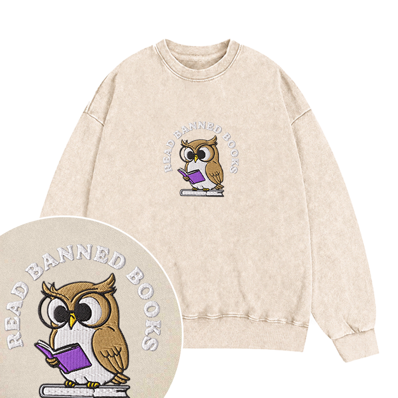 Embroidered Read Banned Books Owl Washed Crewneck Sweatshirt