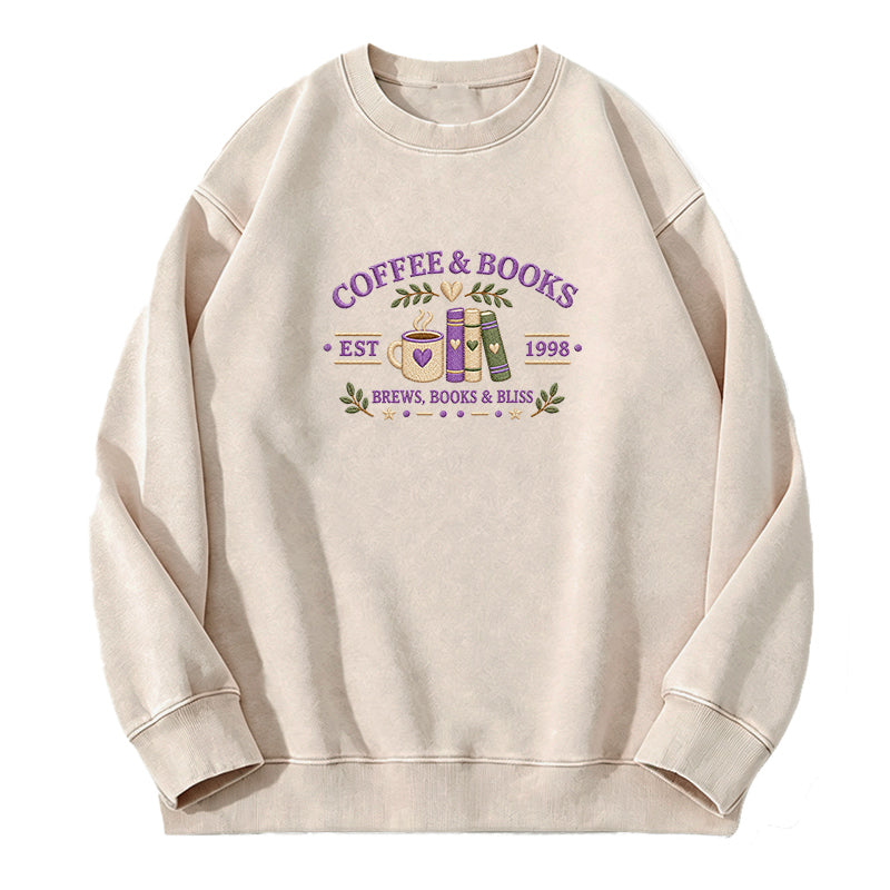 Embroidered Coffee and Books Washed Crewneck Sweatshirt