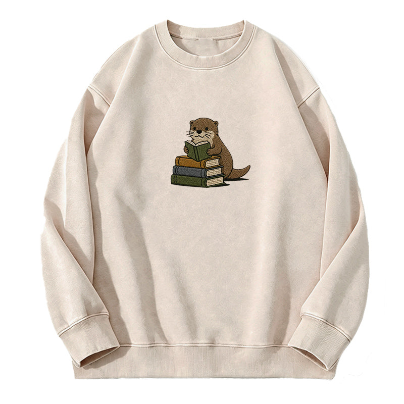 Embroidered Reading Otter Washed Crewneck Sweatshirt
